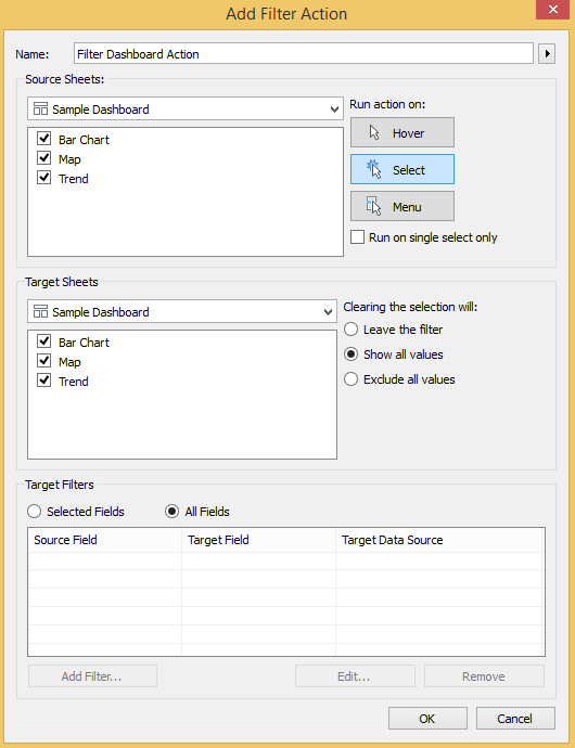 Tableau Dashboard Actions Dialog Box