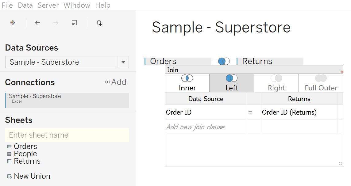 Tableau Left Join Orders and Returns