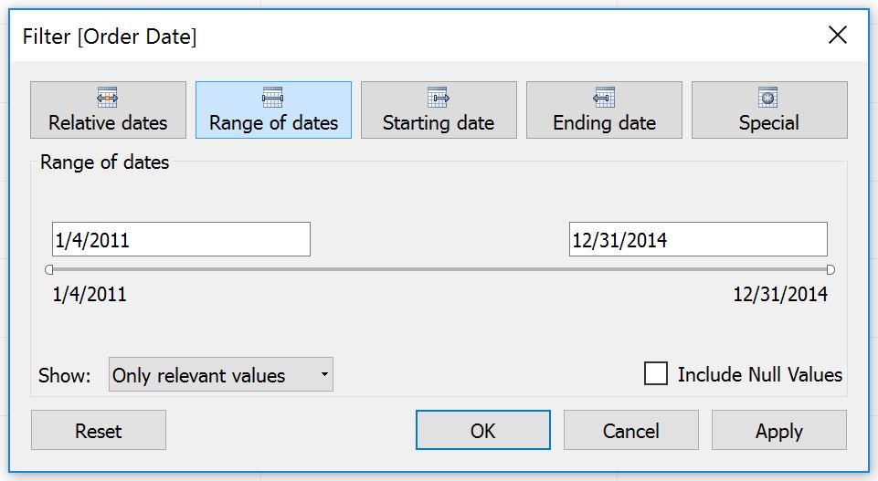 Tableau Order Date Range Filter Options
